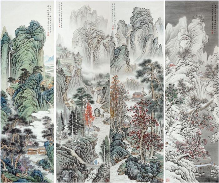 Zhou Jinshan Chinesische Kunst - Landschaft vierteilig