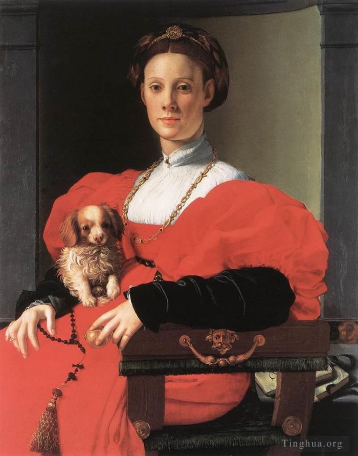 Agnolo di Cosimo Ölgemälde - Porträt einer Dame mit einem Welpen