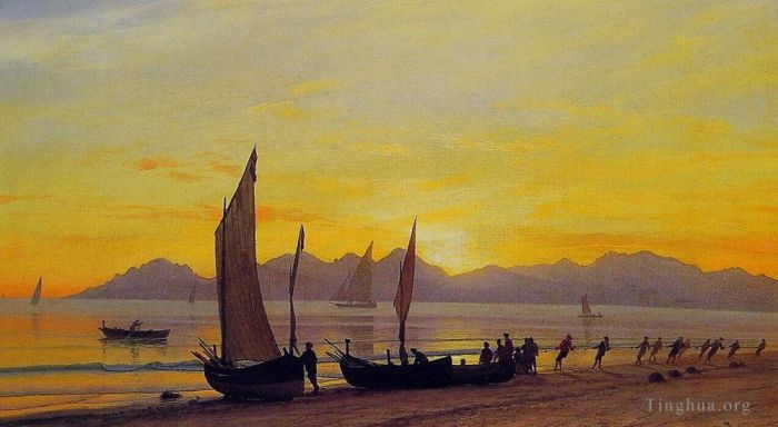 Albert Bierstadt Ölgemälde - Boote an Land bei Sonnenuntergang. Luminismus