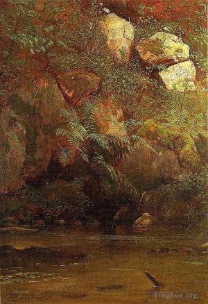 Albert Bierstadt Werk - Farne und Felsen auf einer Böschung