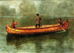 Albert Bierstadt Werk - Angeln von einer Kanu-Luminismus-Meereslandschaft aus