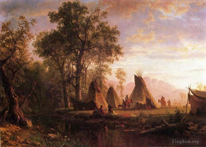 Albert Bierstadt Ölgemälde - Indianerlager am späten Nachmittag