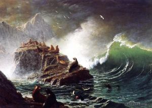 Albert Bierstadt Werk - Robben auf den Felsen Farallon-Inseln Luminismus-Meereslandschaft