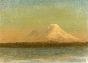 Albert Bierstadt Werk - Schneebedeckter Berg bei Twilight-Luminismus-Meereslandschaft