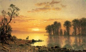 Albert Bierstadt Werk - Sonnenuntergang-Hirsch und Fluss