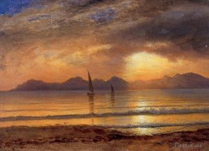 Albert Bierstadt Werk - Sonnenuntergang über einem Bergsee