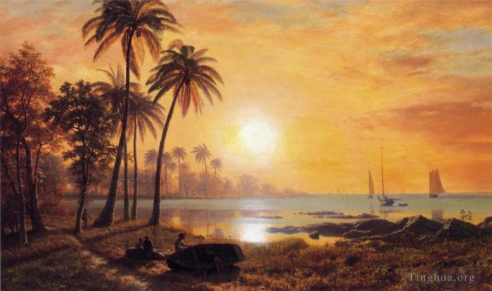 Albert Bierstadt Ölgemälde - Tropische Landschaft mit Fischerbooten in der Bucht