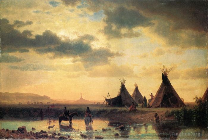 Albert Bierstadt Ölgemälde - Blick auf Chimney Rock Ogalillalh Sioux Village im Vordergrund