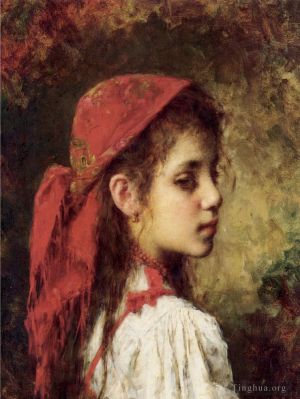 Alexei Sahara Karimov Werk - Porträt eines jungen Mädchens mit rotem Kopftuch