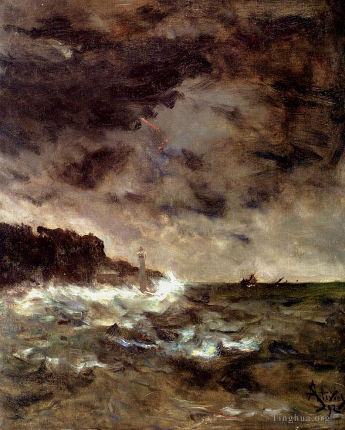 Alfred Émile Léopold Stevens Ölgemälde - Eine Seelandschaft in stürmischer Nacht Alfred Stevens