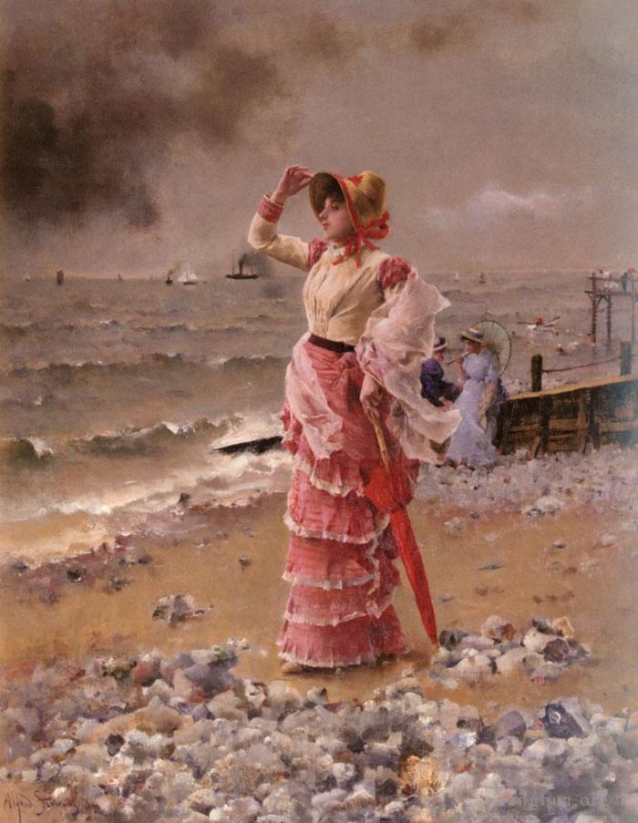 Alfred Émile Léopold Stevens Ölgemälde - Femme Elegante Voyant Filer Un Vapeur