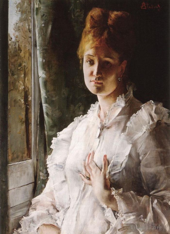 Alfred Émile Léopold Stevens Ölgemälde - Porträt einer Frau in Weiß