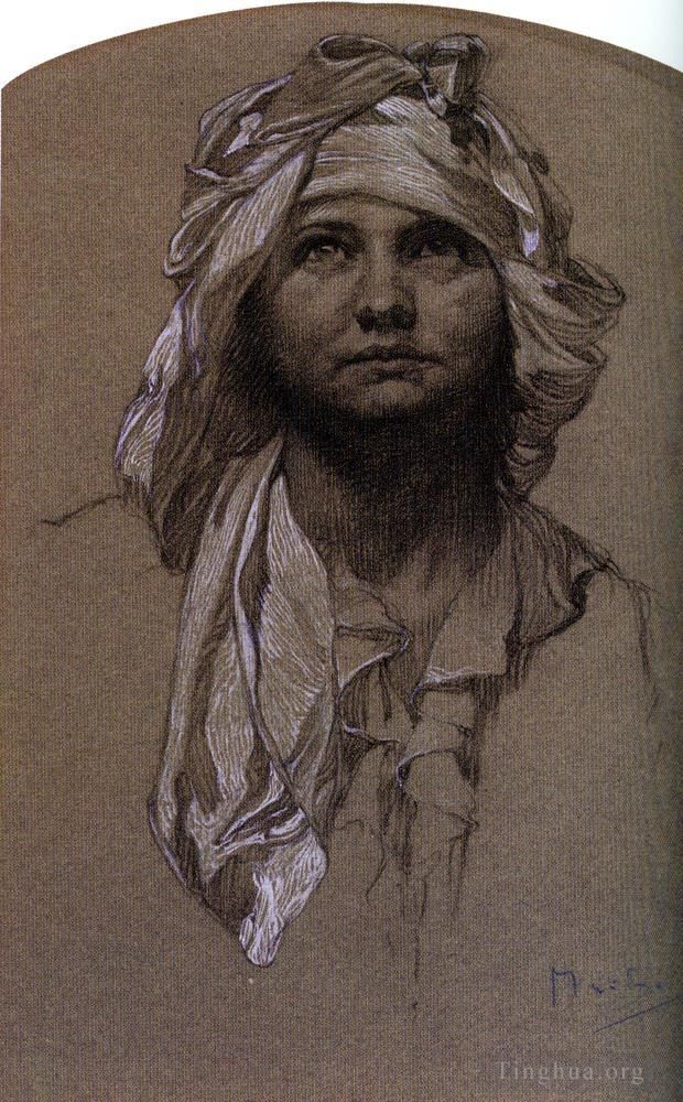 Alfons Mucha Andere Malerei - Kopf eines Mädchens 2