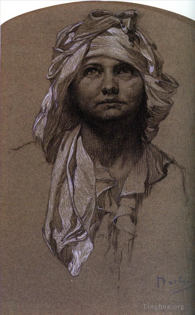 Alfons Mucha Andere Malerei - Kopf eines Mädchens
