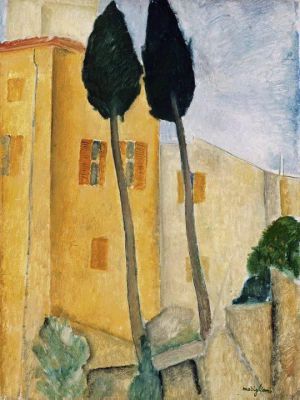 Amedeo Modigliani Werk - Zypressen und Haus 1919