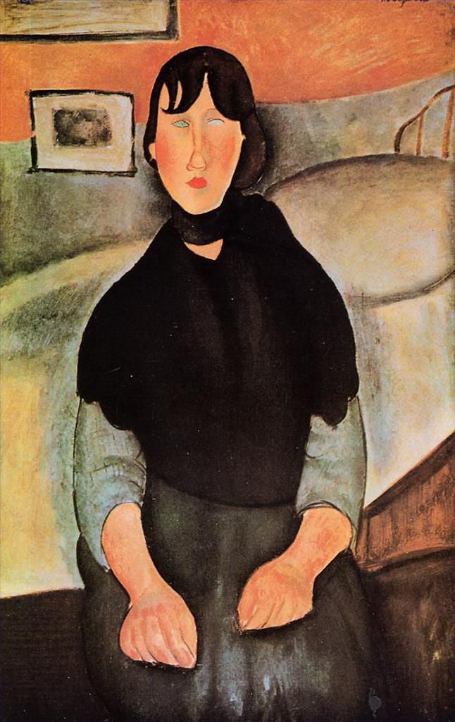 Amedeo Modigliani Ölgemälde - dunkle junge Frau sitzt an einem Bett, 1918