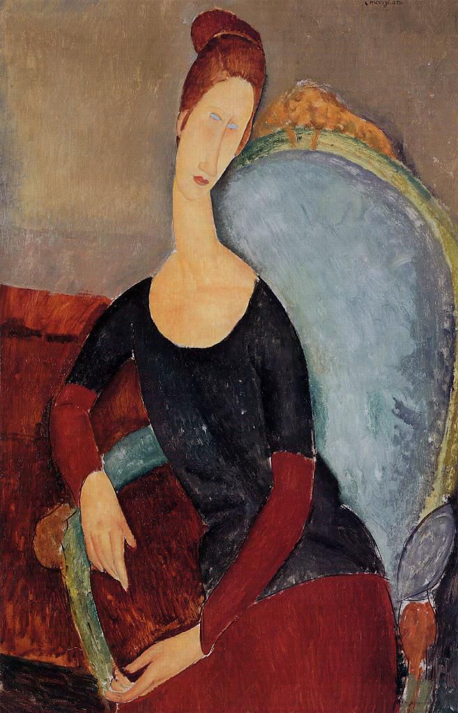 Amedeo Modigliani Ölgemälde - Porträt von Jeanne Hébuterne in einem blauen Stuhl 1918