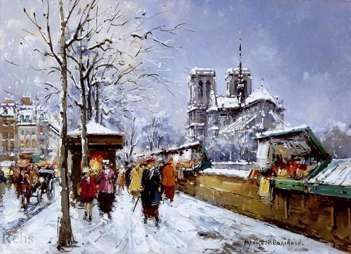 Antoine Blanchard Ölgemälde - Buchhändler Notre Dame Winter