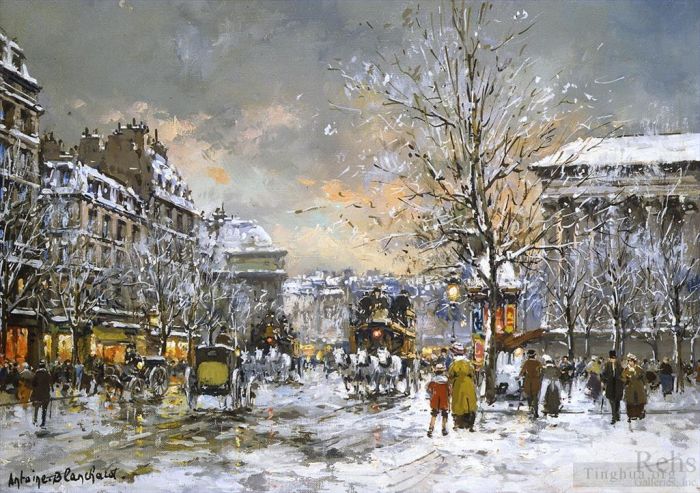 Antoine Blanchard Ölgemälde - Omnibus auf dem Place de la Madeleine im Winter