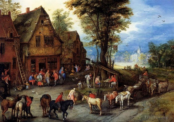 Jean-Antoine Watteau Ölgemälde - Breughel Jan Eine Dorfstraße mit der Heiligen Familie, die in einem Gasthaus ankommt