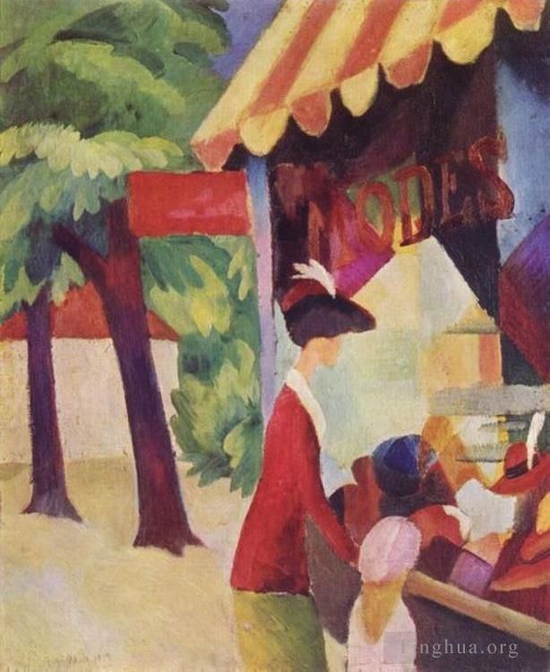 August Macke Ölgemälde - Eine Frau mit roter Jacke und Kind vor dem Hutladen