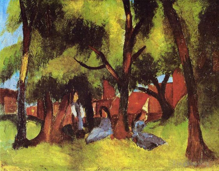 August Macke Ölgemälde - Kinder unter Bäumen in der Sonne