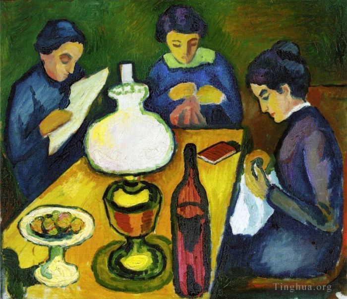 August Macke Ölgemälde - Drei Frauen am Tisch bei der Lampe