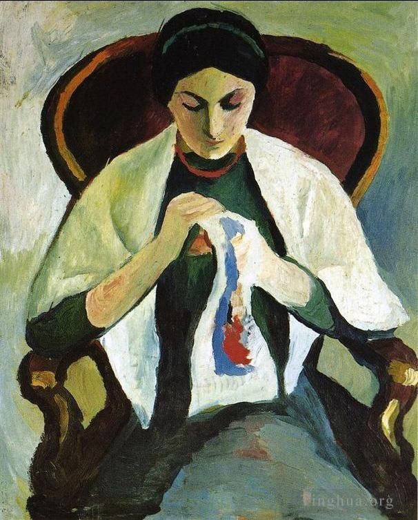 August Macke Ölgemälde - Stickende Frau in einem Sessel Porträt der Frau des Künstlers