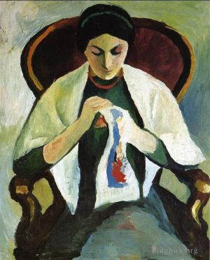 August Macke Werk - Stickende Frau in einem Sessel Porträt der Frau des Künstlers