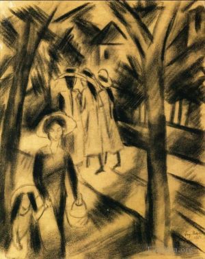 August Macke Werk - Frau mit Kind und Mädchen auf einer Straße