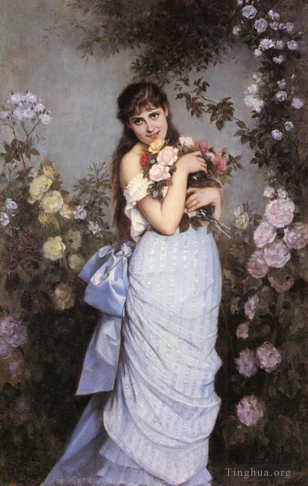 Auguste Toulmouche Ölgemälde - Eine junge Frau in einem Rosengarten