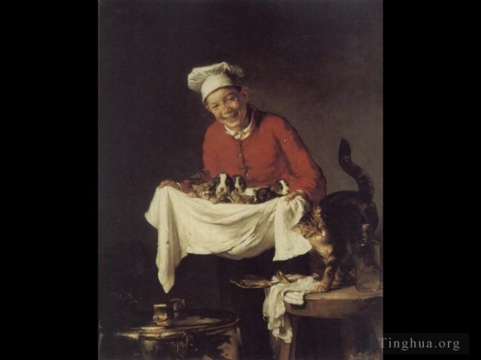 Bail Claude Joseph Ölgemälde - Ein Junge mit Hunden und Kätzchen