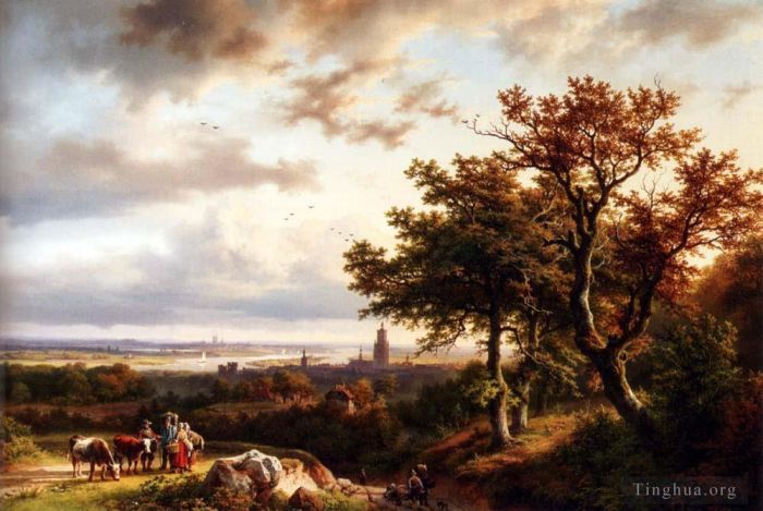 Barend Cornelis Koekkoek Ölgemälde - Eine panoramische rheinische Landschaft mit Bauern, die sich auf einem Weg unterhalten