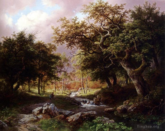 Barend Cornelis Koekkoek Ölgemälde - Eine bewaldete Landschaft mit Figuren entlang eines Baches