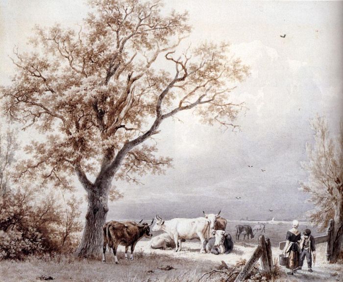Barend Cornelis Koekkoek Ölgemälde - Kühe auf einer sonnenbeschienenen Wiese