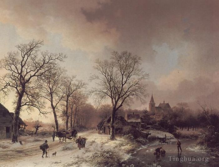Barend Cornelis Koekkoek Ölgemälde - Figuren in einer Winterlandschaft