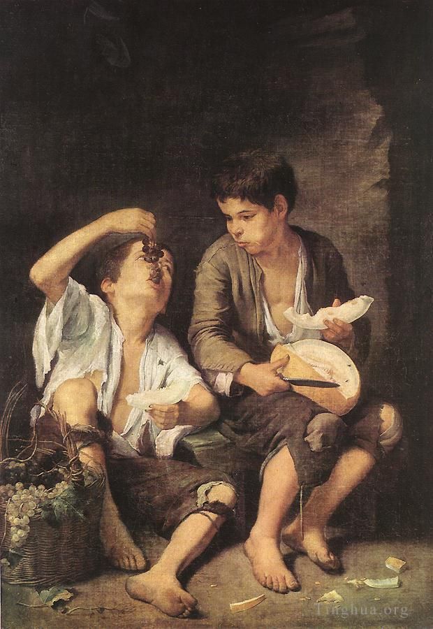 Bartolomé Esteban Murillo Ölgemälde - Jungen essen Obst, Trauben- und Melonenesser
