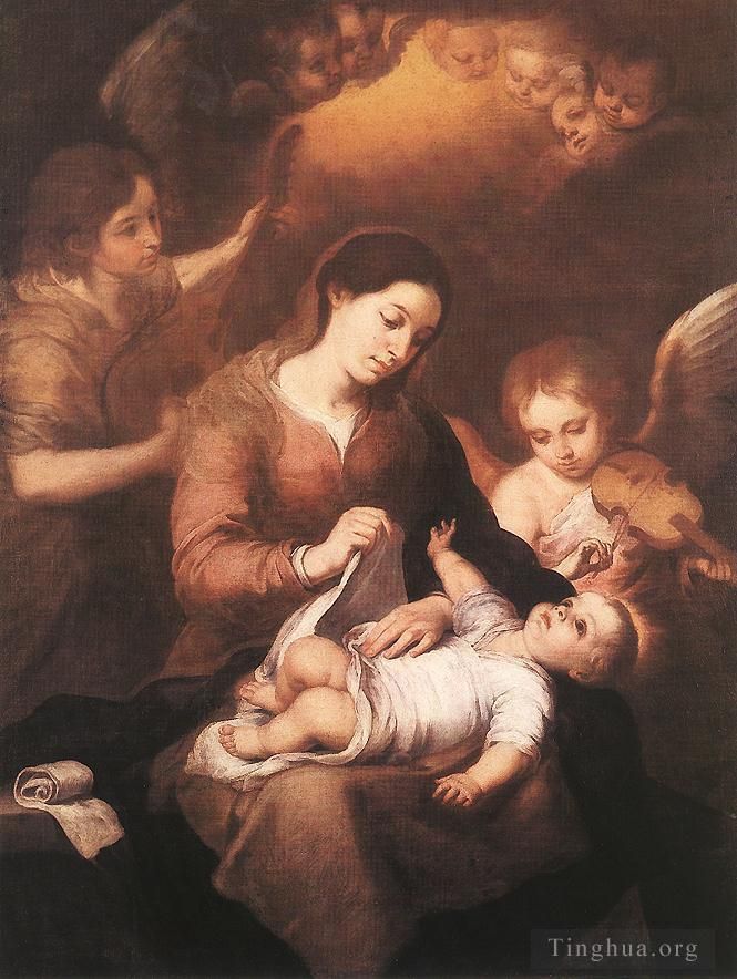 Bartolomé Esteban Murillo Ölgemälde - Maria und Kind mit musizierenden Engeln
