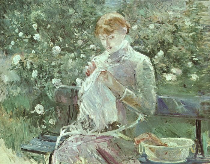 Berthe Morisot Ölgemälde - Junge Frau näht in einem Garten