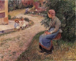 Camille Pissarro Werk - Ein Diener sitzt im Garten von Eragny 1884
