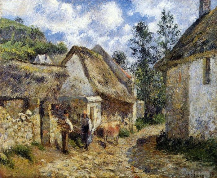Camille Pissarro Ölgemälde - Eine Straße in Auvers Reetdachhaus und Kuh 1880