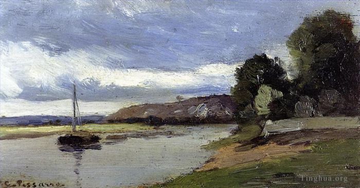 Camille Pissarro Ölgemälde - Ufer eines Flusses mit Lastkahn