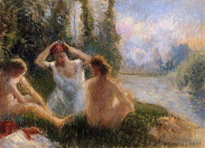 Camille Pissarro Ölgemälde - Badegäste sitzen am Ufer eines Flusses, 1901