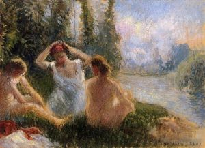Camille Pissarro Werk - Badegäste sitzen am Ufer eines Flusses, 1901