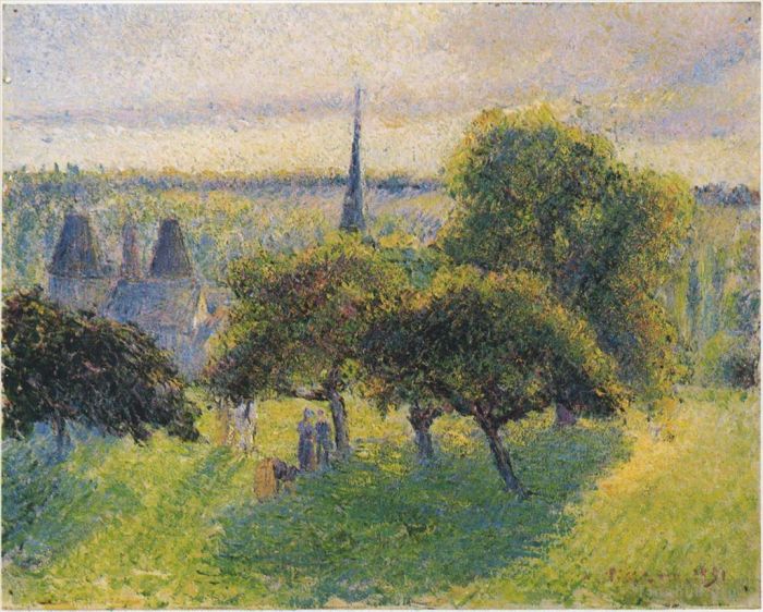 Camille Pissarro Ölgemälde - Bauernhof und Kirchturm bei Sonnenuntergang 1892