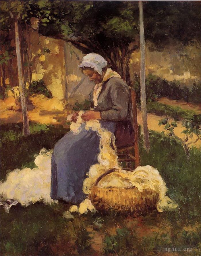 Camille Pissarro Ölgemälde - Bäuerin kardiert Wolle 1875