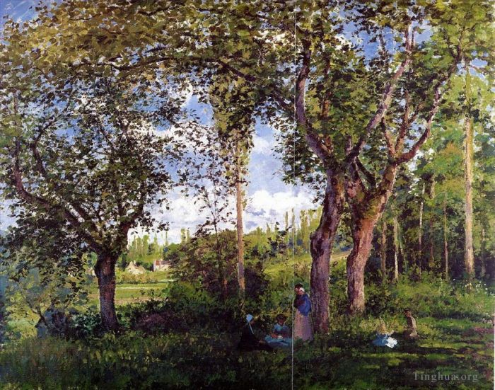 Camille Pissarro Ölgemälde - Landschaft mit Spaziergängern, die sich unter den Bäumen entspannen, 1872