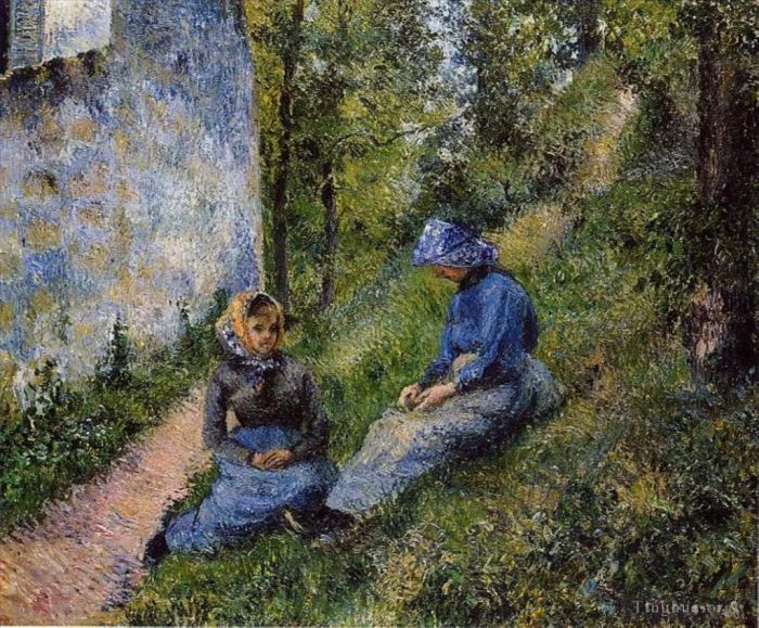 Camille Pissarro Ölgemälde - Sitzende Bauern beim Nähen 1881