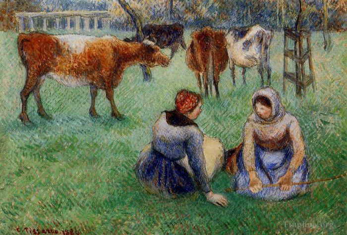 Camille Pissarro Ölgemälde - Sitzende Bauern, die Kühe beobachten, 1886