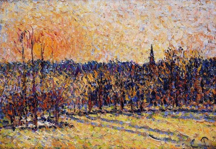 Camille Pissarro Ölgemälde - Sonnenuntergang Bazincourt Kirchturm 1